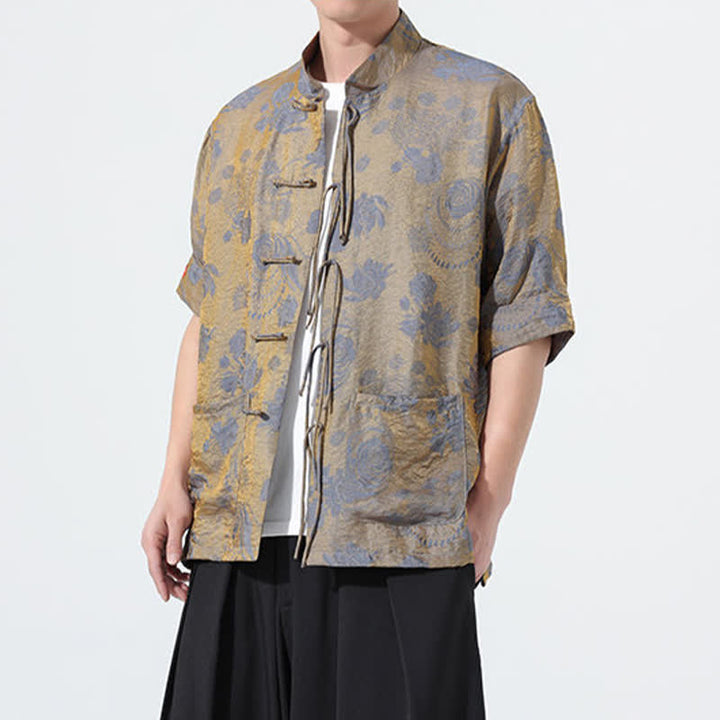 Buddha Stones Chemise d'été pour homme à manches courtes, col mandarin, jacquard floral, style Tang, avec poches - image 2