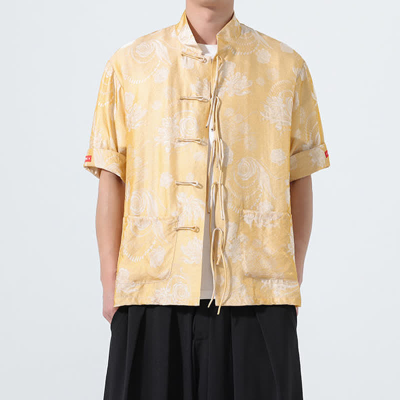 Buddha Stones Chemise d'été pour homme à manches courtes, col mandarin, jacquard floral, style Tang, avec poches - image 14