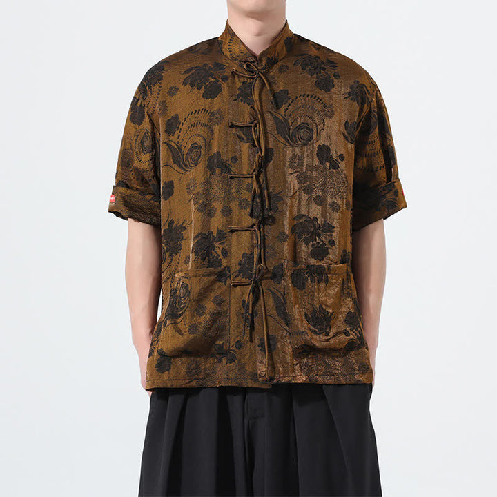 Buddha Stones Chemise d'été pour homme à manches courtes, col mandarin, jacquard floral, style Tang, avec poches - Pérou - US/UK/AU46，EU56 (5XL) - image 22