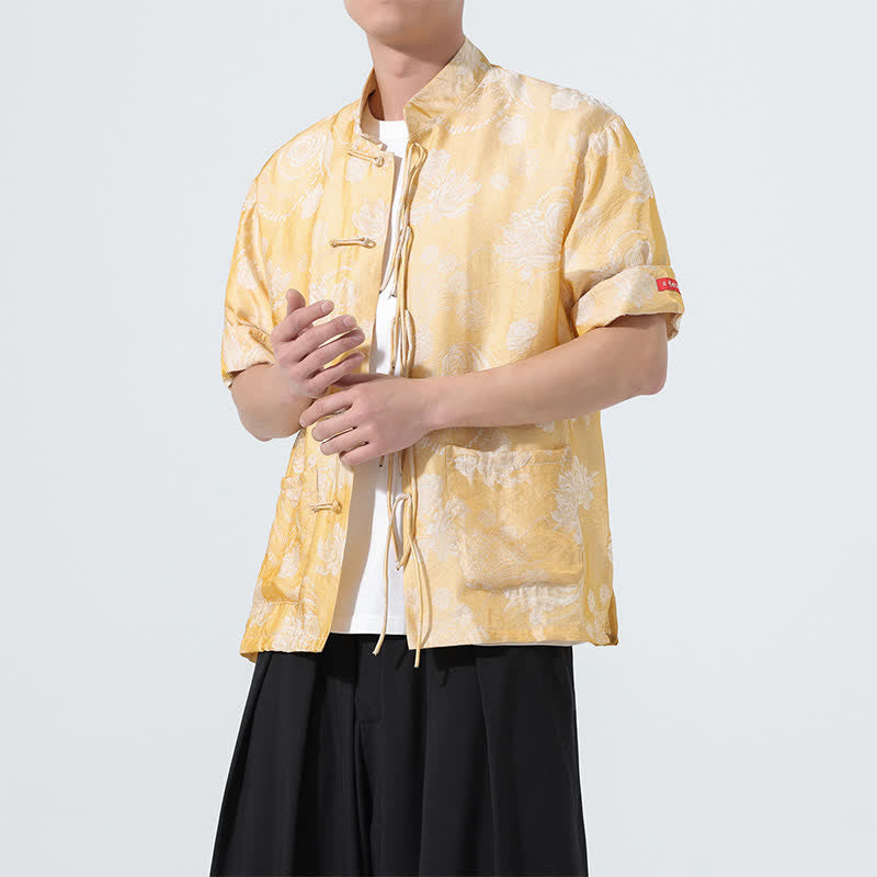 Buddha Stones Chemise d'été pour homme à manches courtes, col mandarin, jacquard floral, style Tang, avec poches - image 19