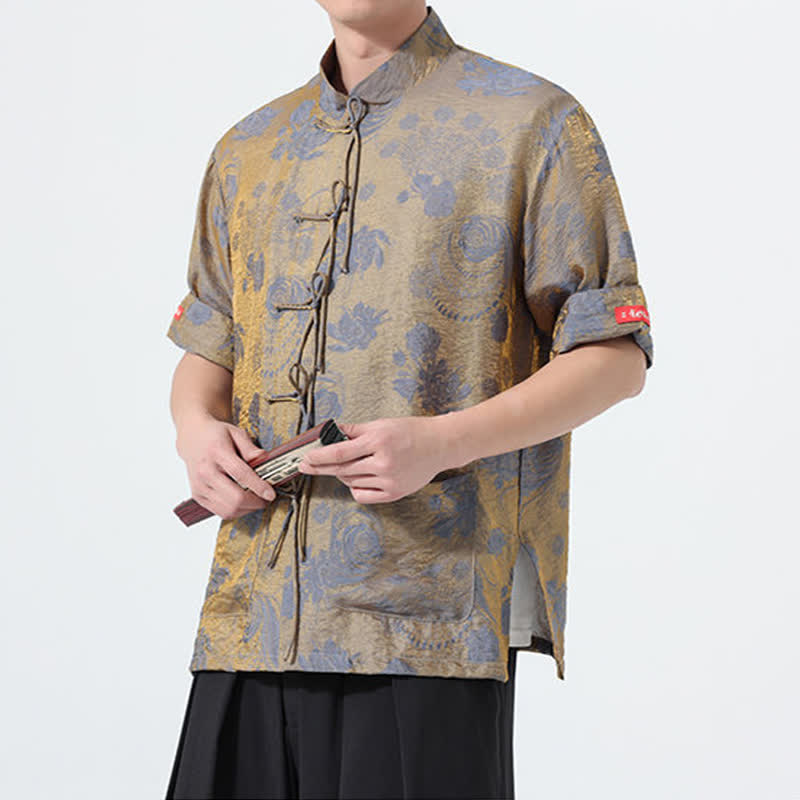 Buddha Stones Chemise d'été pour homme à manches courtes, col mandarin, jacquard floral, style Tang, avec poches - image 5