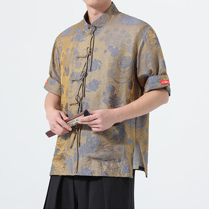 Buddha Stones Chemise d'été pour homme à manches courtes, col mandarin, jacquard floral, style Tang, avec poches - image 5