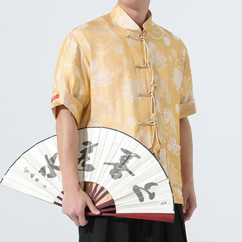 Buddha Stones Chemise d'été pour homme à manches courtes, col mandarin, jacquard floral, style Tang, avec poches - image 21
