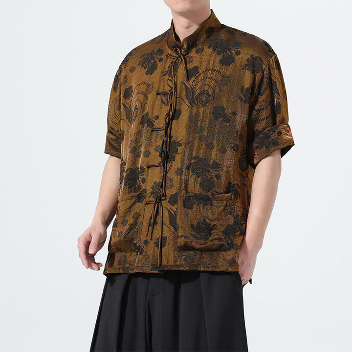 Buddha Stones Chemise d'été pour homme à manches courtes, col mandarin, jacquard floral, style Tang, avec poches - image 27