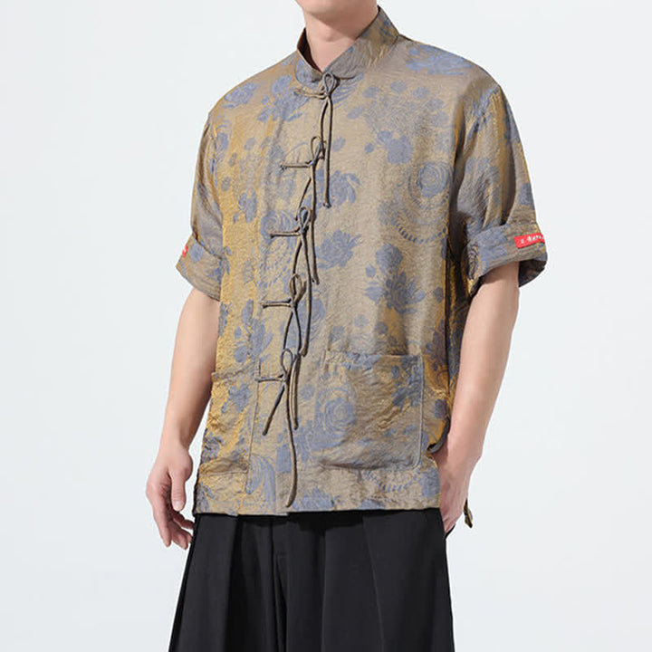 Buddha Stones Chemise d'été pour homme à manches courtes, col mandarin, jacquard floral, style Tang, avec poches - image 6