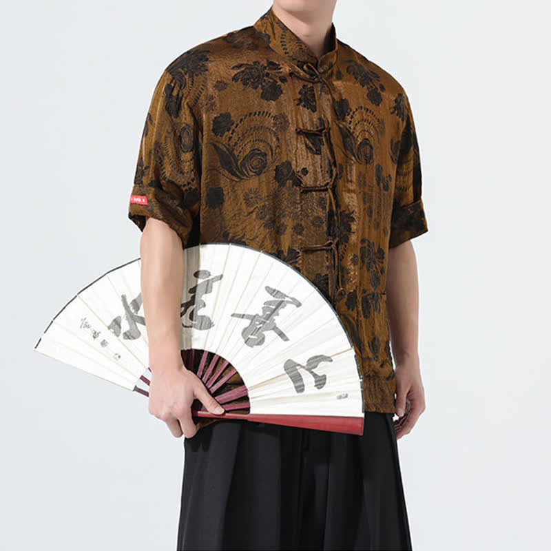 Buddha Stones Chemise d'été pour homme à manches courtes, col mandarin, jacquard floral, style Tang, avec poches - image 30