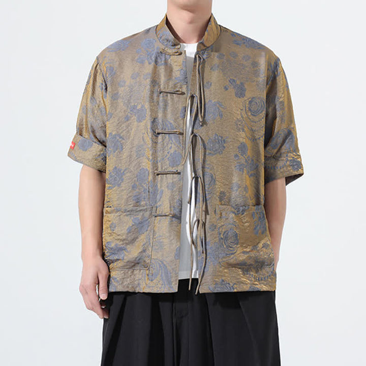 Buddha Stones Chemise d'été pour homme à manches courtes, col mandarin, jacquard floral, style Tang, avec poches - image 4