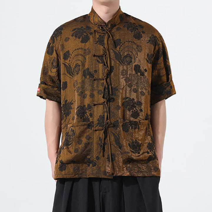 Buddha Stones Chemise d'été pour homme à manches courtes, col mandarin, jacquard floral, style Tang, avec poches - image 29