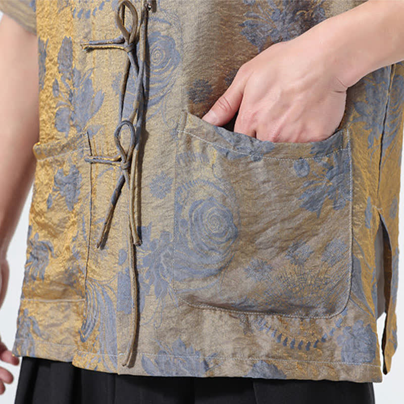 Buddha Stones Chemise d'été pour homme à manches courtes, col mandarin, jacquard floral, style Tang, avec poches - image 12