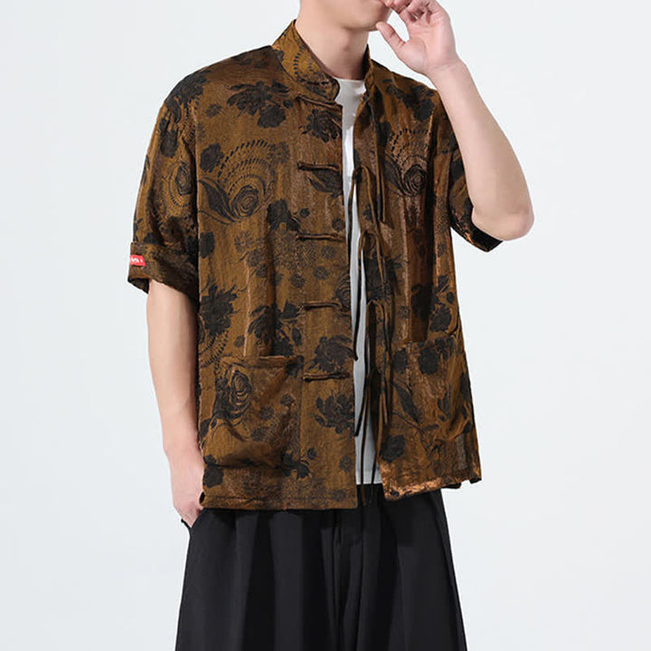 Buddha Stones Chemise d'été pour homme à manches courtes, col mandarin, jacquard floral, style Tang, avec poches - image 24