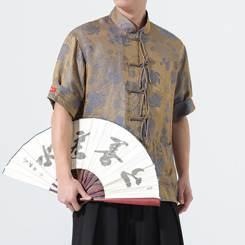 Buddha Stones Chemise d'été pour homme à manches courtes, col mandarin, jacquard floral, style Tang, avec poches - image 8