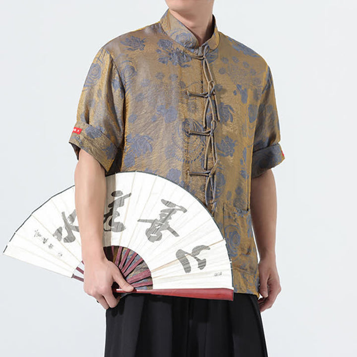Buddha Stones Chemise d'été pour homme à manches courtes, col mandarin, jacquard floral, style Tang, avec poches - image 8