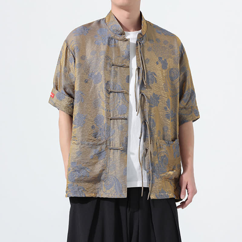 Buddha Stones Chemise d'été pour homme à manches courtes, col mandarin, jacquard floral, style Tang, avec poches - image 3