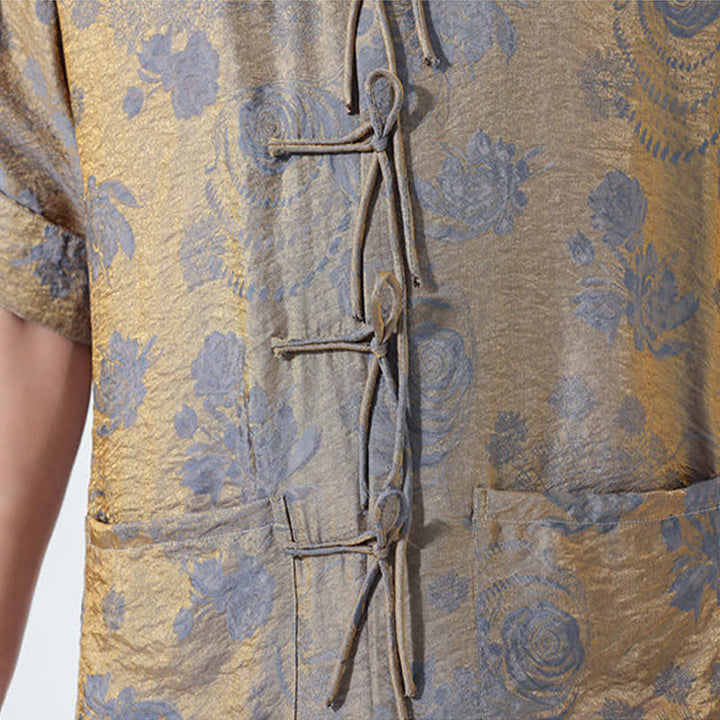Buddha Stones Chemise d'été pour homme à manches courtes, col mandarin, jacquard floral, style Tang, avec poches - image 11