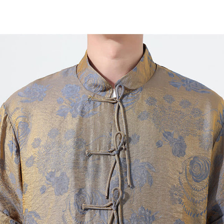 Buddha Stones Chemise d'été pour homme à manches courtes, col mandarin, jacquard floral, style Tang, avec poches - image 9