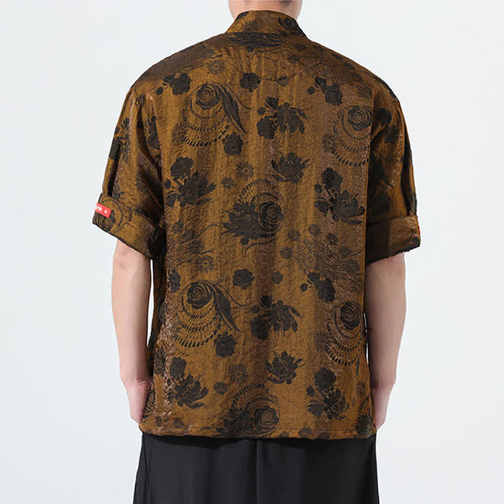Buddha Stones Chemise d'été pour homme à manches courtes, col mandarin, jacquard floral, style Tang, avec poches - image 23
