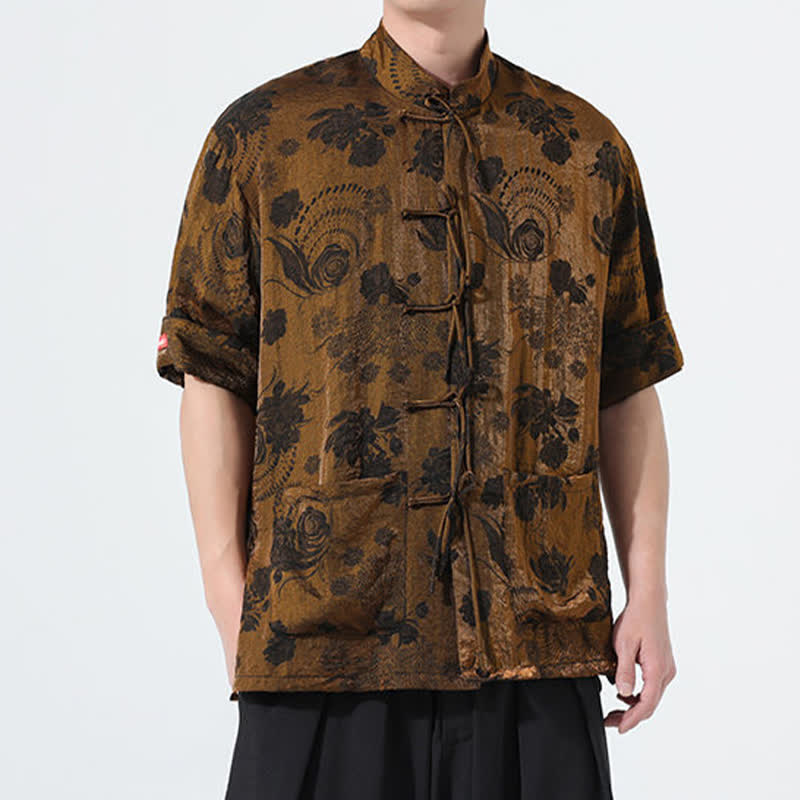 Buddha Stones Chemise d'été pour homme à manches courtes, col mandarin, jacquard floral, style Tang, avec poches - image 25