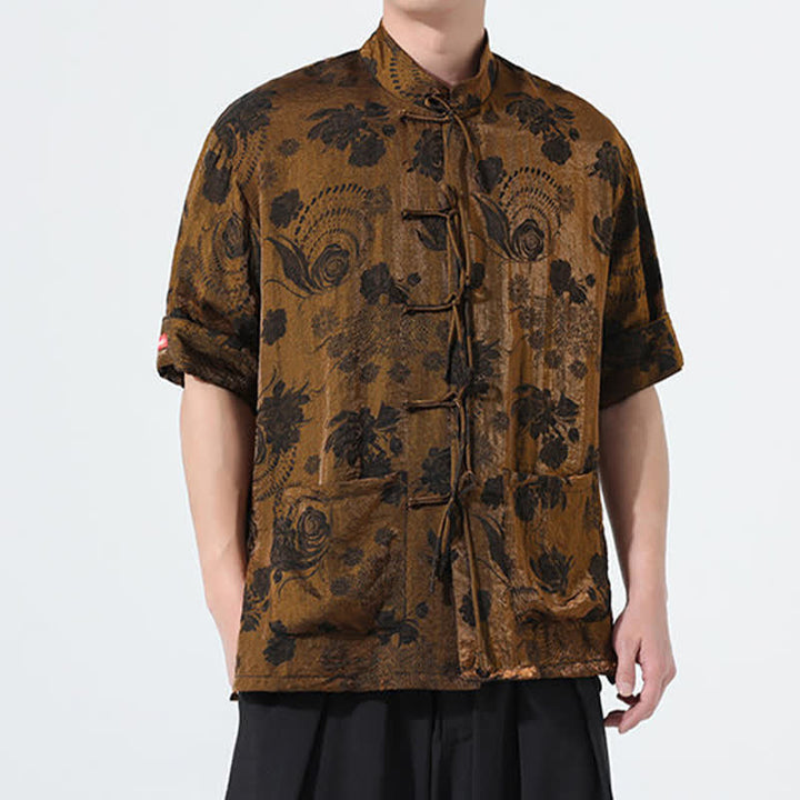 Buddha Stones Chemise d'été pour homme à manches courtes, col mandarin, jacquard floral, style Tang, avec poches - image 25