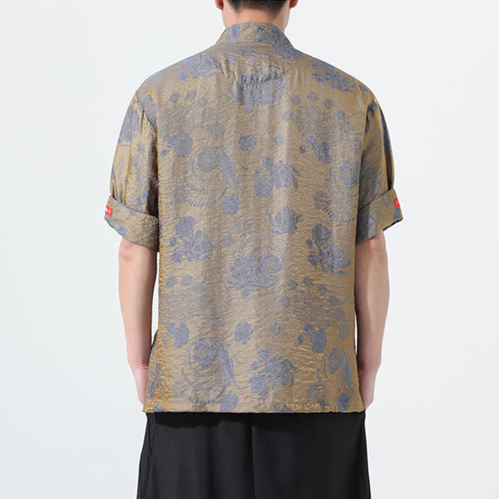 Buddha Stones Chemise d'été pour homme à manches courtes, col mandarin, jacquard floral, style Tang, avec poches - image 1