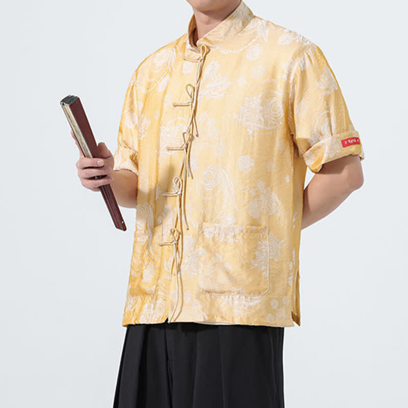 Buddha Stones Chemise d'été pour homme à manches courtes, col mandarin, jacquard floral, style Tang, avec poches - image 18