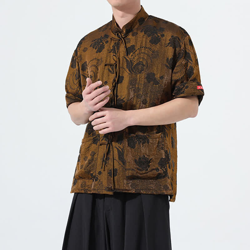 Buddha Stones Chemise d'été pour homme à manches courtes, col mandarin, jacquard floral, style Tang, avec poches - image 28