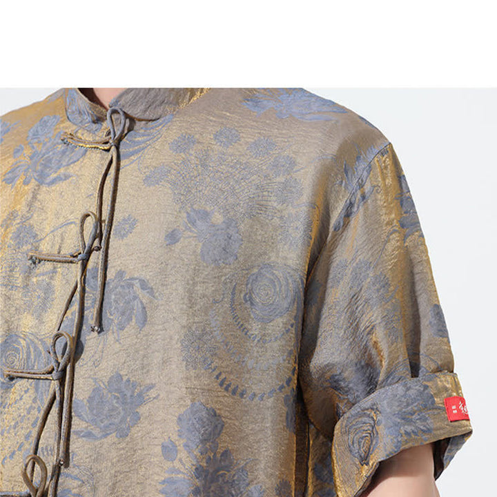 Buddha Stones Chemise d'été pour homme à manches courtes, col mandarin, jacquard floral, style Tang, avec poches - image 10