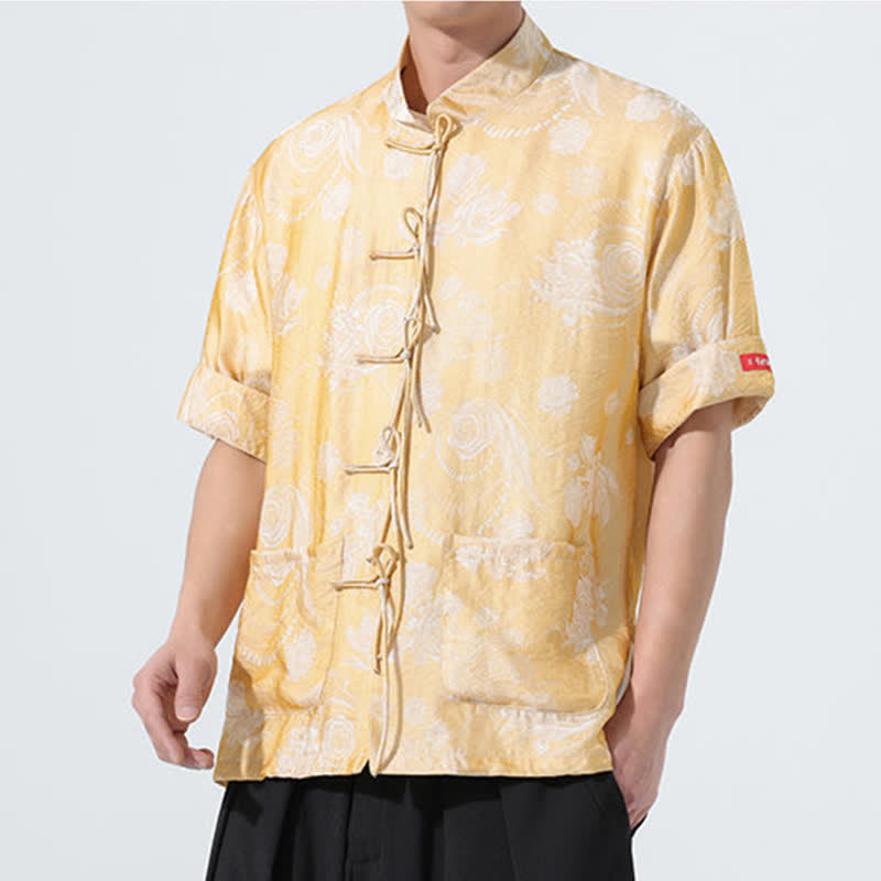 Buddha Stones Chemise d'été pour homme à manches courtes, col mandarin, jacquard floral, style Tang, avec poches - image 17