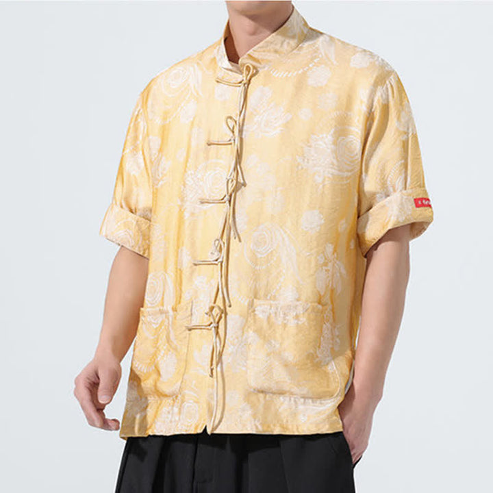 Buddha Stones Chemise d'été pour homme à manches courtes, col mandarin, jacquard floral, style Tang, avec poches - image 17