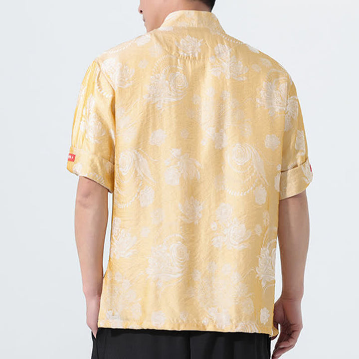 Buddha Stones Chemise d'été pour homme à manches courtes, col mandarin, jacquard floral, style Tang, avec poches - image 16