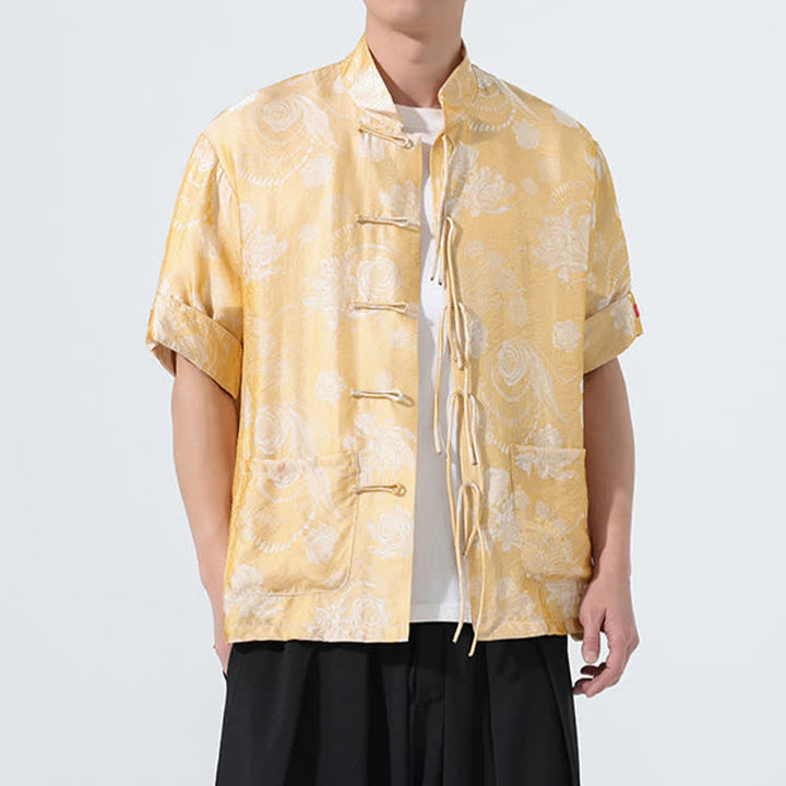 Buddha Stones Chemise d'été pour homme à manches courtes, col mandarin, jacquard floral, style Tang, avec poches - image 15
