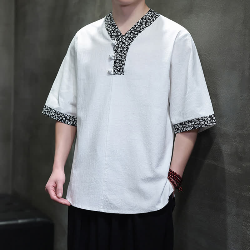 Buddha Stones Chemise d'été décontractée à col mandarin et boutons brandebourg pour homme, en coton, manches courtes. - image 7