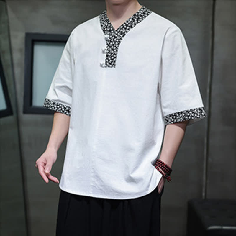 Buddha Stones Chemise d'été décontractée à col mandarin et boutons brandebourg pour homme, en coton, manches courtes. - image 3