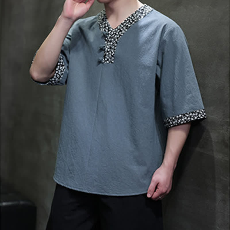 Buddha Stones Chemise d'été décontractée à col mandarin et boutons brandebourg pour homme, en coton, manches courtes. - image 14