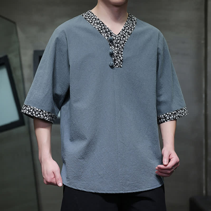 Buddha Stones Chemise d'été décontractée à col mandarin et boutons brandebourg pour homme, en coton, manches courtes. - image 17