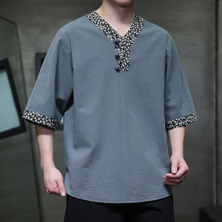 Buddha Stones Chemise d'été décontractée à col mandarin et boutons brandebourg pour homme, en coton, manches courtes. - image 17