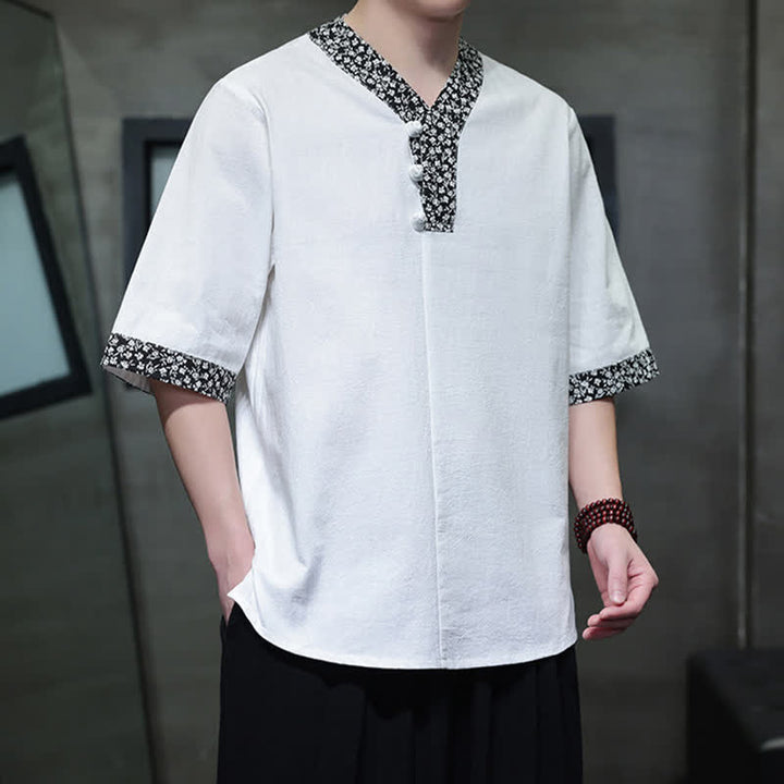 Buddha Stones Chemise d'été décontractée à col mandarin et boutons brandebourg pour homme, en coton, manches courtes. - image 6