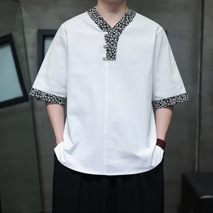 Buddha Stones Chemise d'été décontractée à col mandarin et boutons brandebourg pour homme, en coton, manches courtes. - image 5