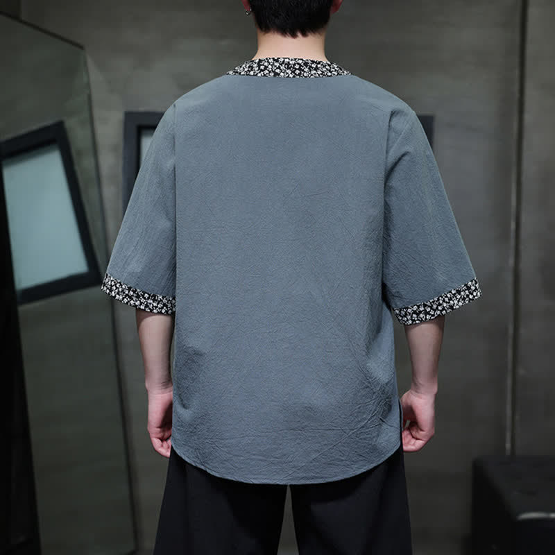 Buddha Stones Chemise d'été décontractée à col mandarin et boutons brandebourg pour homme, en coton, manches courtes. - image 12
