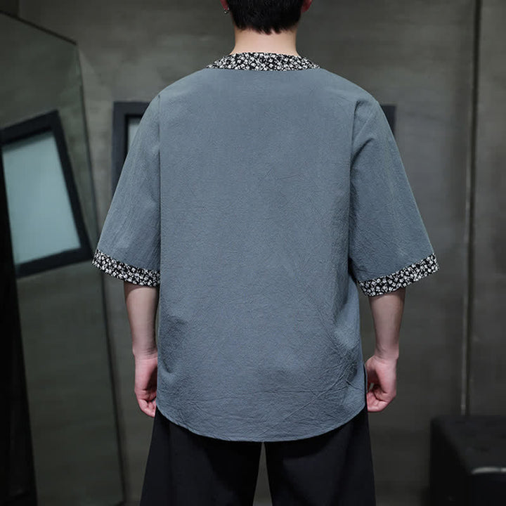 Buddha Stones Chemise d'été décontractée à col mandarin et boutons brandebourg pour homme, en coton, manches courtes. - image 12