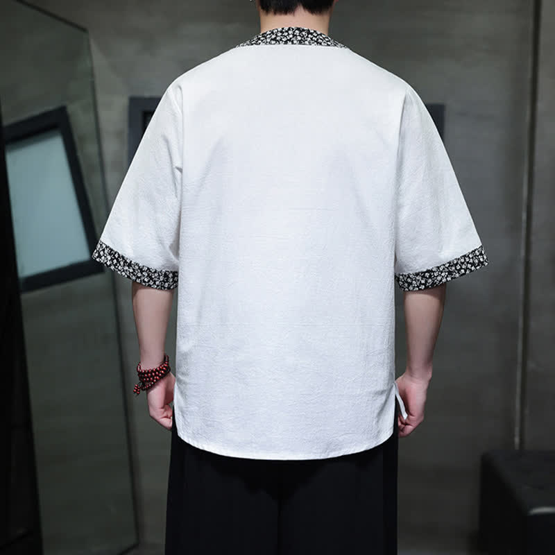 Buddha Stones Chemise d'été décontractée à col mandarin et boutons brandebourg pour homme, en coton, manches courtes. - image 1