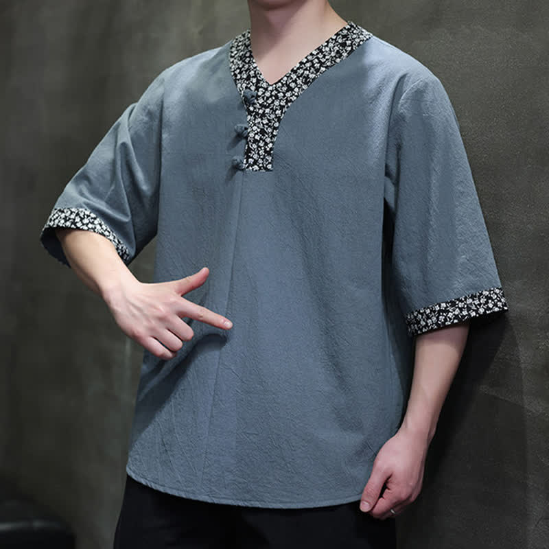 Buddha Stones Chemise d'été décontractée à col mandarin et boutons brandebourg pour homme, en coton, manches courtes. - image 15