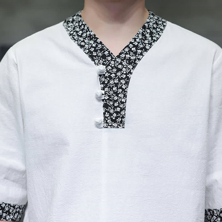 Buddha Stones Chemise d'été décontractée à col mandarin et boutons brandebourg pour homme, en coton, manches courtes. - image 8