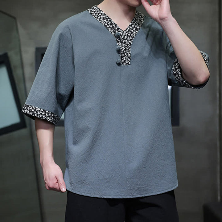 Buddha Stones Chemise d'été décontractée à col mandarin et boutons brandebourg pour homme, en coton, manches courtes. - image 13