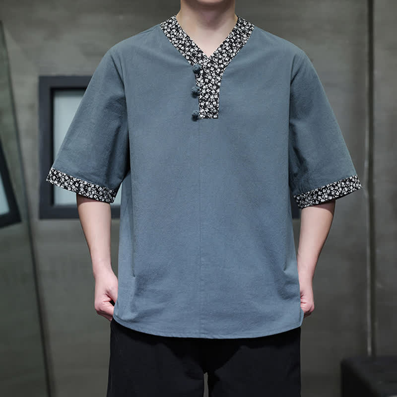 Buddha Stones Chemise d'été décontractée à col mandarin et boutons brandebourg pour homme, en coton, manches courtes. - image 16