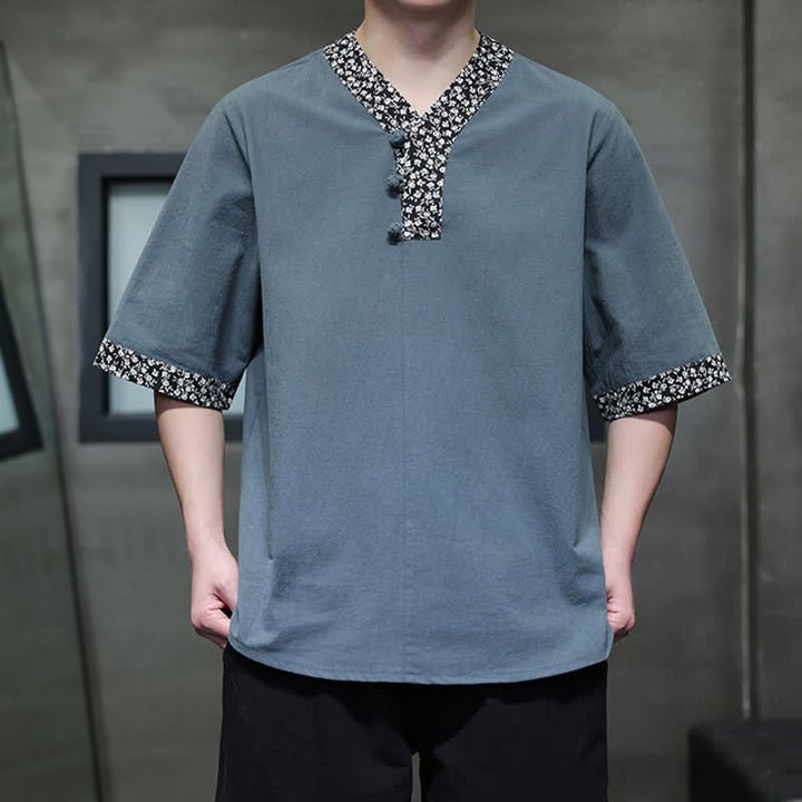 Buddha Stones Chemise d'été décontractée à col mandarin et boutons brandebourg pour homme, en coton, manches courtes. - image 16