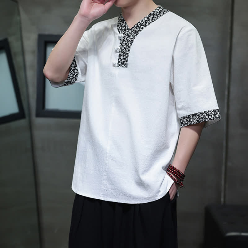 Buddha Stones Chemise d'été décontractée à col mandarin et boutons brandebourg pour homme, en coton, manches courtes. - Blanc - US/UK/AU46，EU56 (5XL) - image 0