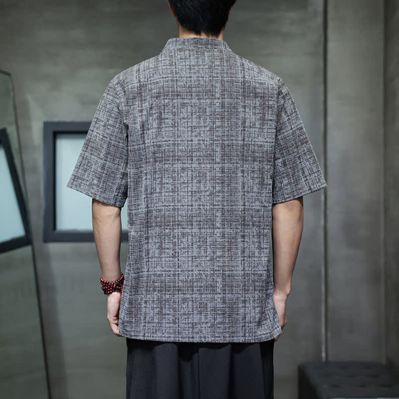 Buddha Stones Chemise d'été décontractée à col mandarin et boutons brandebourg, manches courtes, unie, pour homme - image 2