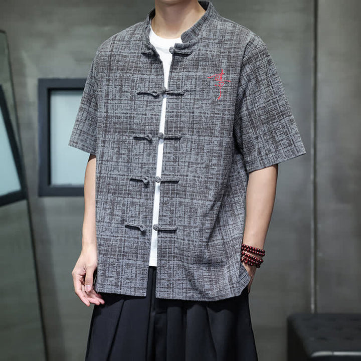 Buddha Stones Chemise d'été décontractée à col mandarin et boutons brandebourg, manches courtes, unie, pour homme - image 5