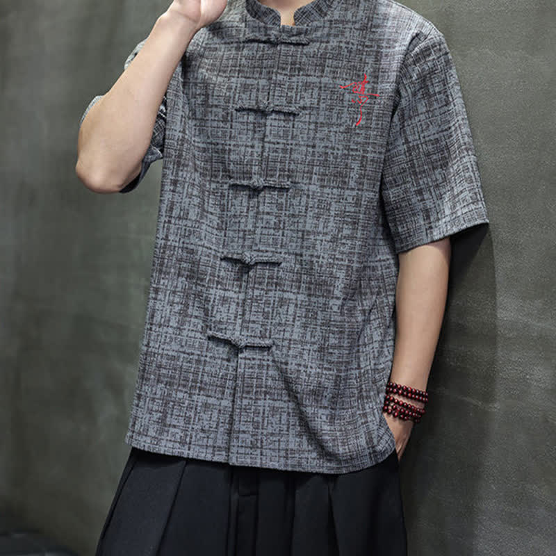 Buddha Stones Chemise d'été décontractée à col mandarin et boutons brandebourg, manches courtes, unie, pour homme - image 6