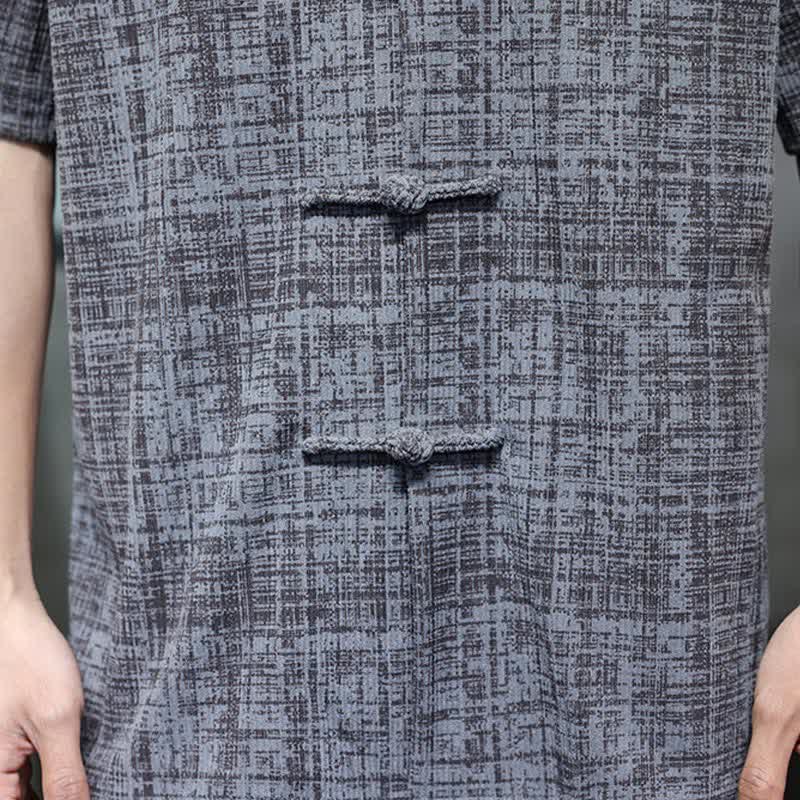 Buddha Stones Chemise d'été décontractée à col mandarin et boutons brandebourg, manches courtes, unie, pour homme - image 9
